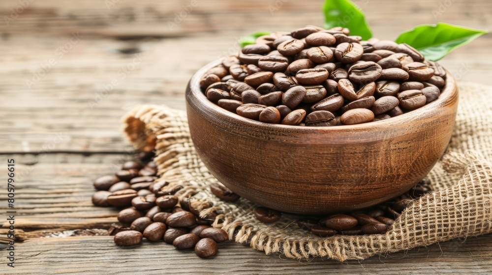 A wooden bowl holds coffee beans, nearby sits a burlap bag topped with an extra pile of beans A wooden bowl holds coffee beans, nearby sits a burlap bag topped with an extra pile of beans