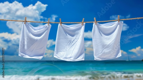   Three white T-shirts hang from a beachside clothesline against a backdrop of a clear blue sky and the vast ocean