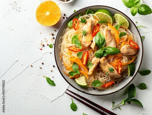 Filipino pancit bihon with chicken and citrus  photo