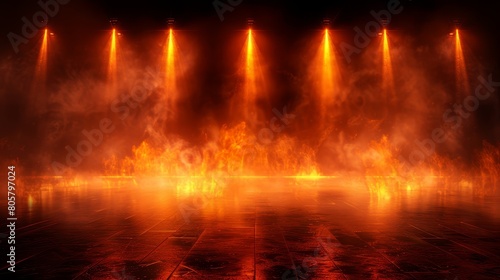   A stage featuring extensive lighting and smoke on one side, accompanied by ample lighting on the opposite side