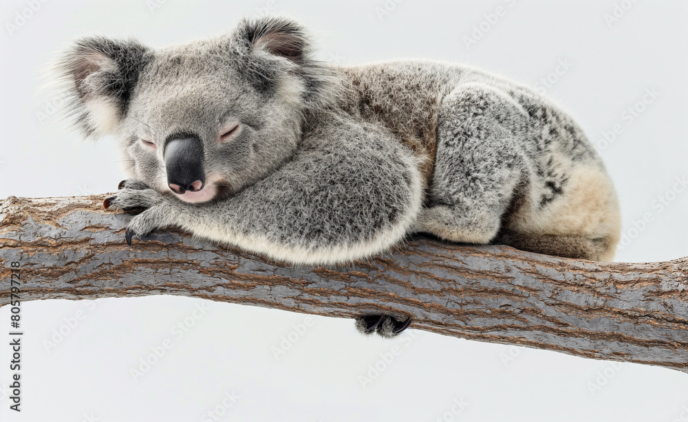 Fototapeta premium Sleeping cute koala. A young animal rests on a white background.