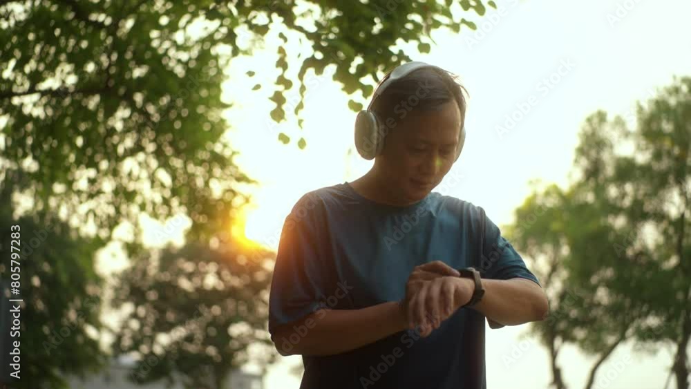 Happy moment Senior old man using smart watch and headphones running at park. Grandfather jogging with smart watch outdoor. Workout exercise in the morning. Healthy Aging Society concept.
