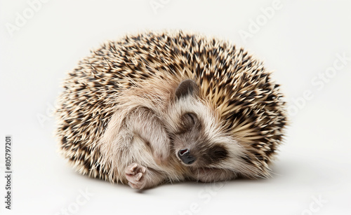 Sleeping Cute Hedgehog. Young Animal Resting on Blue Background.