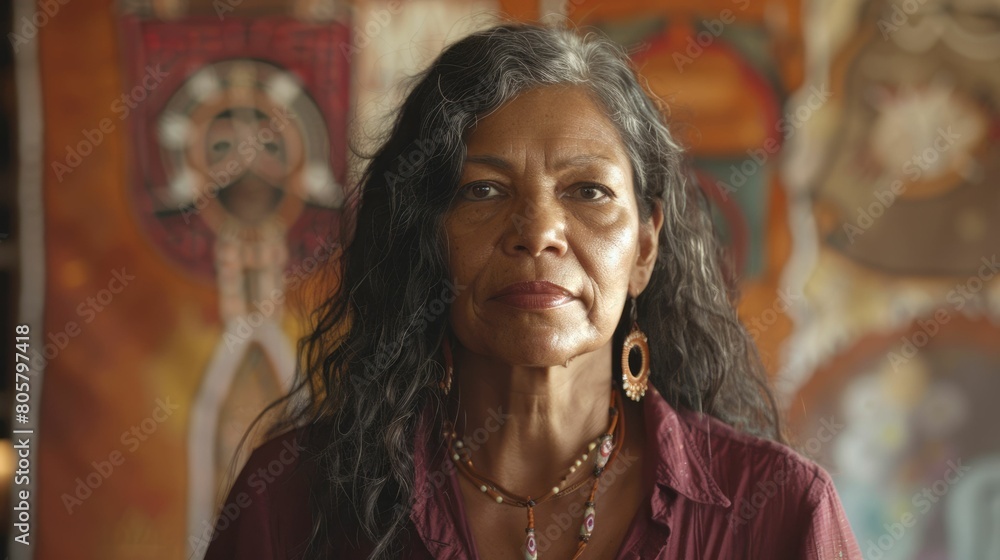 The picture of the australian indigenous female is standing in front of the colourful background and working as community leader, a community leader require communication skill and leadership. AIG43.