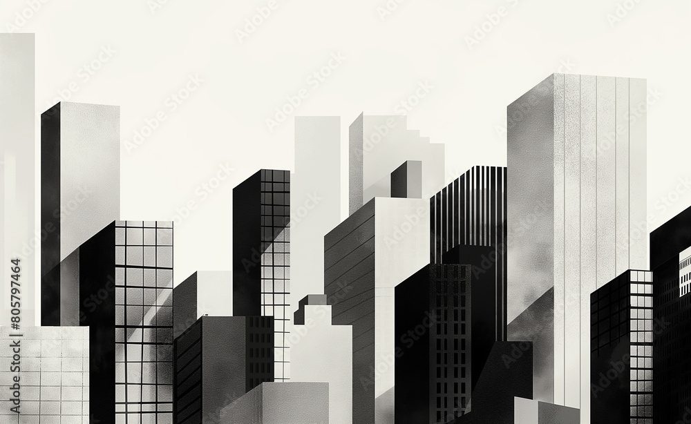 Minimalist cityscape where the buildings are represented by various geometric shapes like rectangles and squares, all in monochrome shades of gray or black.