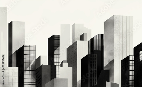 Minimalist cityscape where the buildings are represented by various geometric shapes like rectangles and squares  all in monochrome shades of gray or black.