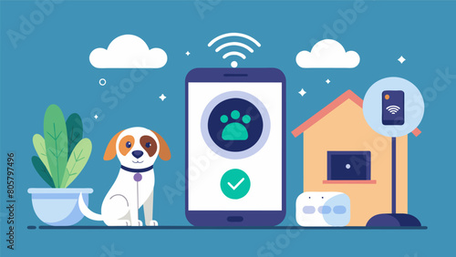 A voiceactivated outdoor pet camera that allows owners to check on their pet and communicate with them using a smartphone app.. Vector illustration