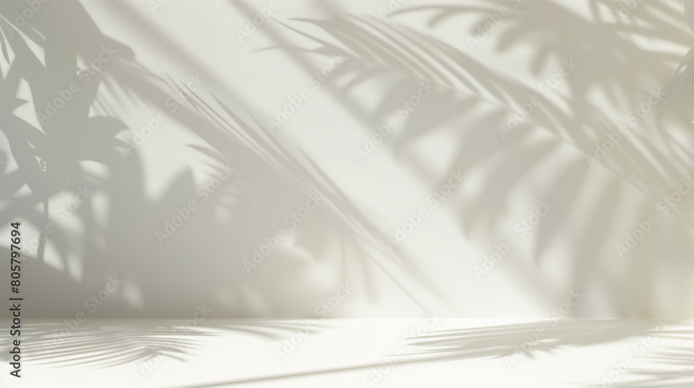 Stylish minimal white background with delicate leaf shadows on wall. Empty copy space for product presentation. Generative AI Stylish minimal white background with delicate leaf shadows on wall. Empty copy space for product presentation. Generative AI