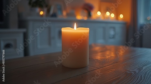   A lit candle atop a weathered wooden table  beside a window adorned with twinkling Christmas lights