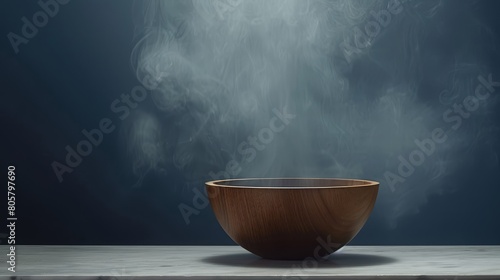   A wooden bowl emits smoke from its top, resting atop a table photo