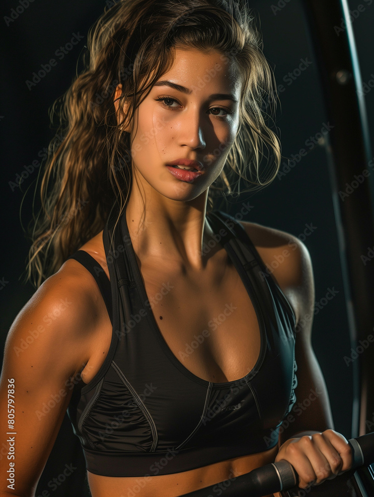 A fitness model posing confidently on an elliptical machine, with dramatic lighting adding depth to the scene. Ai generated A fitness model posing confidently on an elliptical machine, with dramatic lighting adding depth to the scene. Ai generated