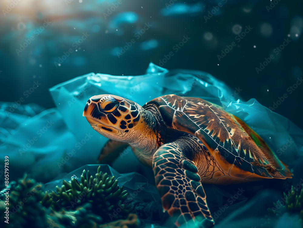 Fototapeta premium Sea turtles can eat plastic bags, mistaking them for jellyfish. Plastic pollution in the ocean environmental problem. Underwater concept of global problem with plastic rubbish.