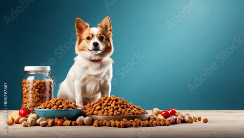 A small brown and white dog is sitting between a jar and a bowl filled with dry dog food. photo