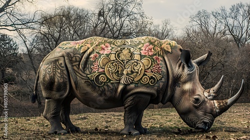 Powerful Rhino Adorned with Elegant Baroque Floral Pattern in Magnificent Performance for Photography Generative ai