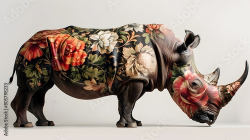 Powerful Rhino Adorned with Vibrant Baroque Floral Design in High Photography Generative ai