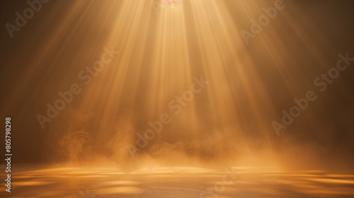 Dramatic golden brown spotlight beams through atmospheric haze. Background with empty copy space. Generative AI