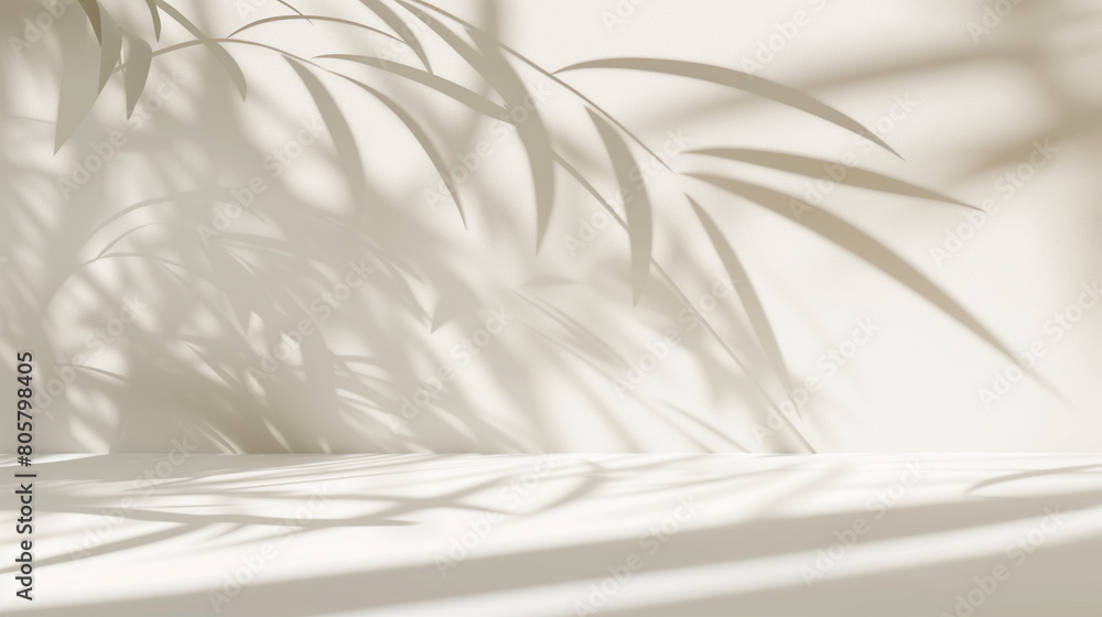 Fototapeta premium Stylish minimal white background with delicate leaf shadows on wall. Empty copy space for product presentation. Generative AI
