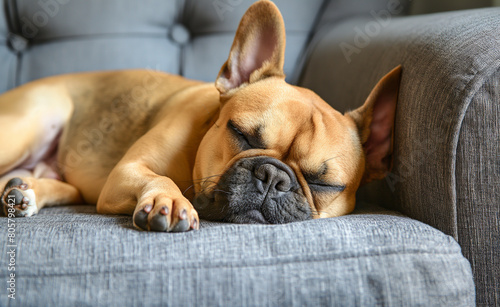 Happy French Bulldog Sleeping on the Sofa © Curioso.Photography