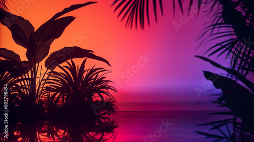 Tropical sunset silhouette with vibrant pink and orange gradient background. Empty copy space for silhouette dance. Landscape.  Generative AI