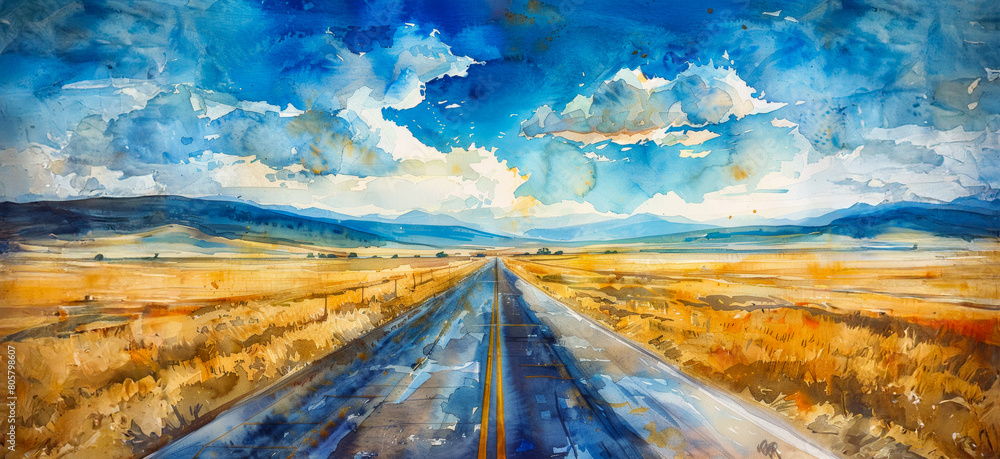 A painting of a road with a blue sky in the background