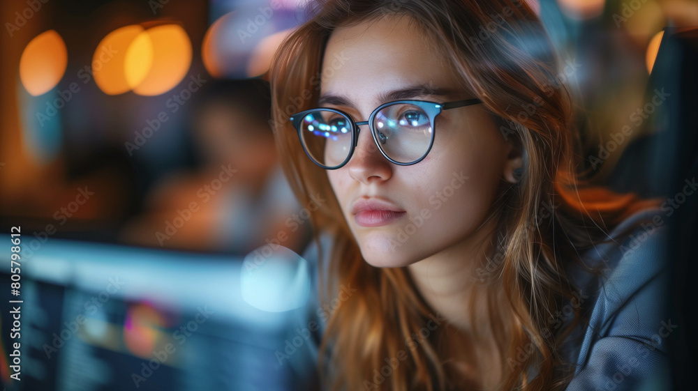 A high-angle view of a young analyst woman working from her cozy home office, surrounded by digital screens showing complex market graphs. Ai generated A high-angle view of a young analyst woman working from her cozy home office, surrounded by digital screens showing complex market graphs. Ai generated