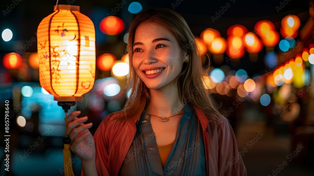   A woman, holding aloft a glowing lantern, addresses a gathered crowd on the illuminated street, backdrop of twinkling background lights