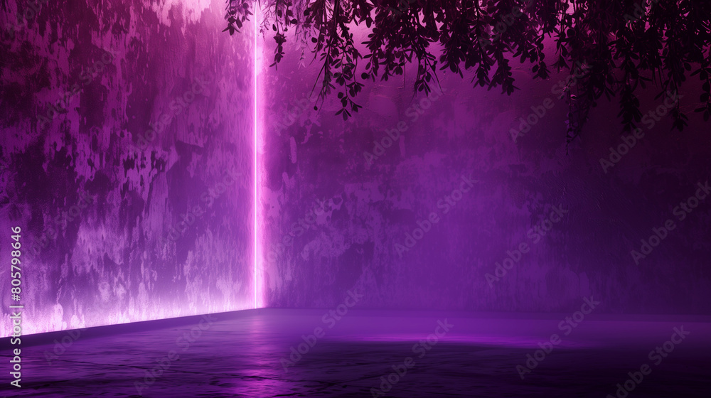Ethereal purple cliffside with glowing vertical light and overhanging branches. Empty copy space for silhouette dance. Landscape. Generative AI Ethereal purple cliffside with glowing vertical light and overhanging branches. Empty copy space for silhouette dance. Landscape. Generative AI