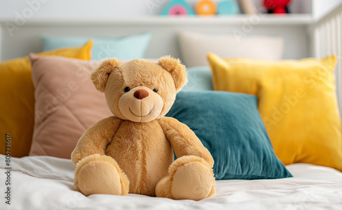 Cute Teddy Bear Sitting on a Bed. Teddy Tales. Cozy Companion in a Child's Room.