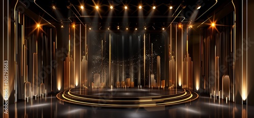 The background of the award ceremony stage is composed of golden lines  with a black color scheme and symmetrical composition