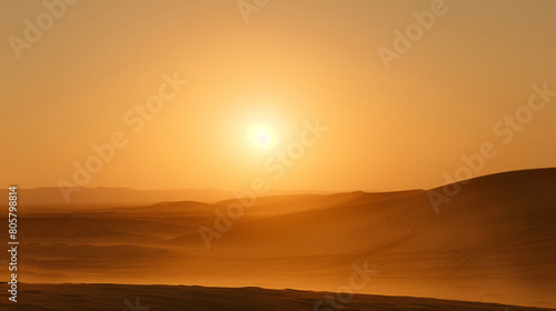 Radiant sunset over a barren desert landscape. Empty copy space for silhouette dance. Generative AI
