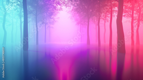 Mysterious purple forest with mist fog. Natural lights and shadows. Empty copy space for silhouette dance. Generative AI