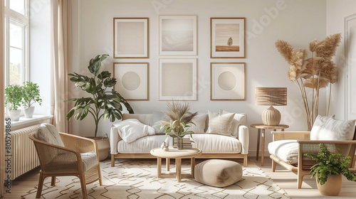 Wallpaper Mural Stylish interior of living room with comfortable furniture, gallery wall frame mockup in white room with wooden furniture Torontodigital.ca