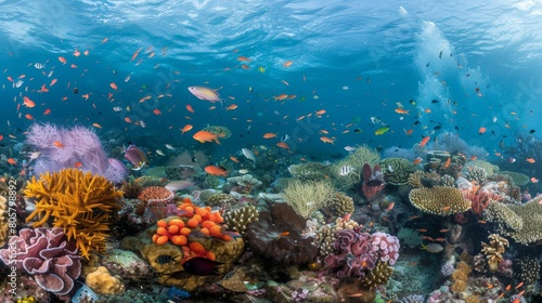 A vibrant coral reef teeming with diverse marine life underwater