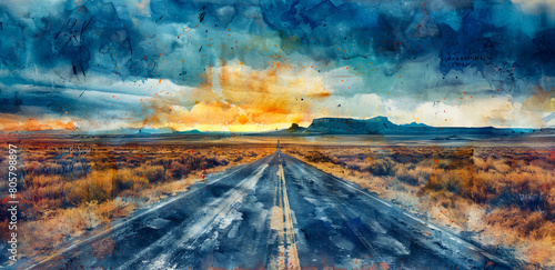 A road stretches across a desert landscape with a sunset in the background photo