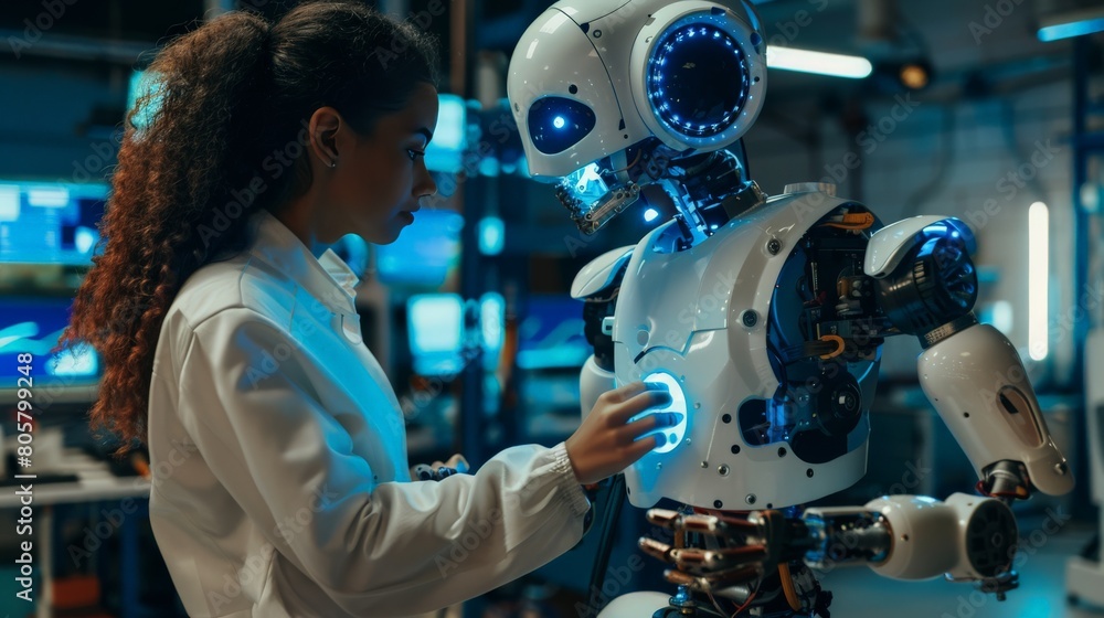 Fototapeta premium Engineer programming a humanoid robot in a high-tech lab