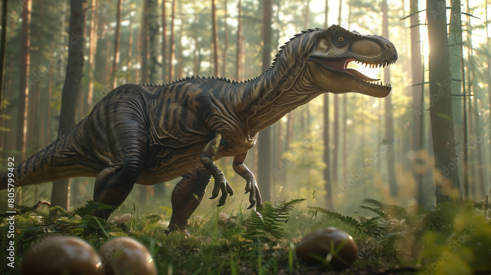 A dinosaur in the forest, like Allosaurus or shotsis, is depicted among eggs and grasslands in a lifelike manner with large scales on its body, wide teeth and a long tail. A dinosaur in the forest, like Allosaurus or shotsis, is depicted among eggs and grasslands in a lifelike manner with large scales on its body, wide teeth and a long tail.