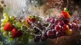 fruits background with strawberries and grapes and apple swimming in the water abstract fruits background ultra hd 
