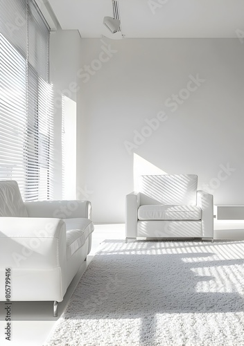White living room interior with a white sofa and armchair, carpet on the floor and a window with blinds