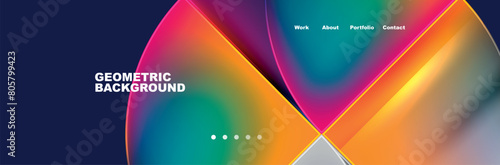 A vibrant geometric background featuring colorful circles in shades of purple, orange, magenta, and violet on a dark azure backdrop. It creates a bold and eyecatching design with a modern font