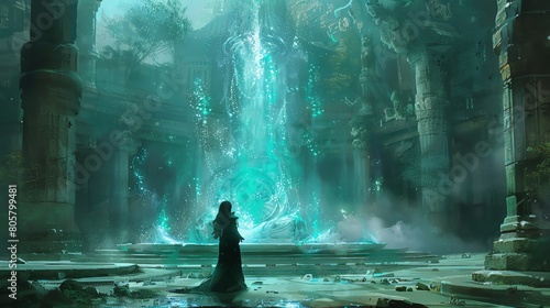A spellcaster casting spells to protect the delicate balance of nature in a mystical temple photo