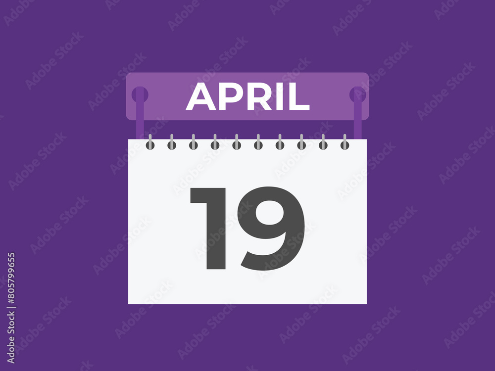 April 19 calendar reminder. 19 April daily calendar icon template. Calendar 19 April icon Design template. Vector illustration
April 19 calendar reminder. 19 April daily calendar icon template. Calendar 19 April icon Design template. Vector illustration