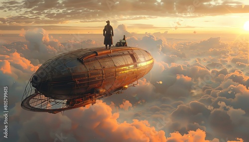 An isolated figure on an airship, seeking solitude amidst the vast expanse of the beyond photo