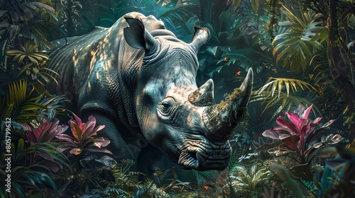 Casual rhinoceros in a lush and vibrant jungle setting