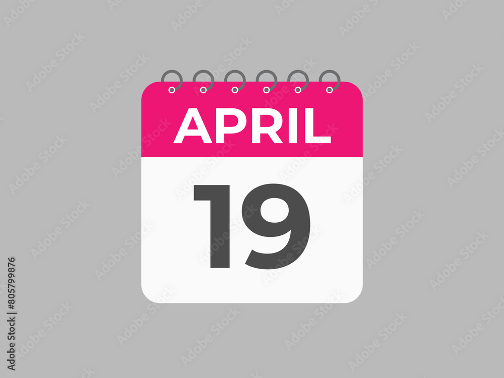 April 19 calendar reminder. 19 April daily calendar icon template. Calendar 19 April icon Design template. Vector illustration
April 19 calendar reminder. 19 April daily calendar icon template. Calendar 19 April icon Design template. Vector illustration