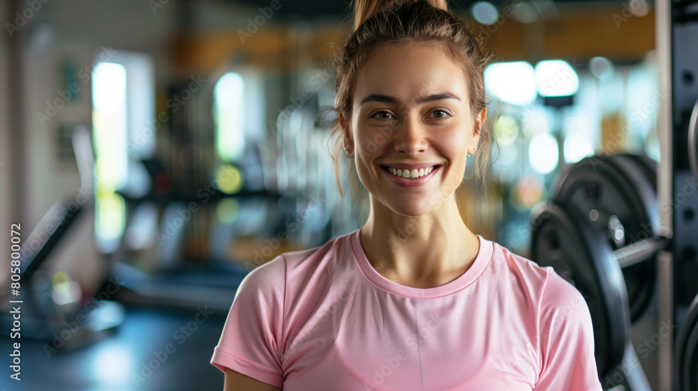 Clean, minimalist gym interior, flooded with natural light, featuring a cheerful woman fitness coach in a pink t-shirt. Ai generated Clean, minimalist gym interior, flooded with natural light, featuring a cheerful woman fitness coach in a pink t-shirt. Ai generated