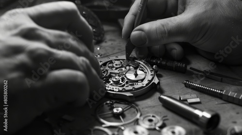 Get a closeup view of the hands carefully piecing together the watch components revealing the intricate details of the watch case, Generated by AI