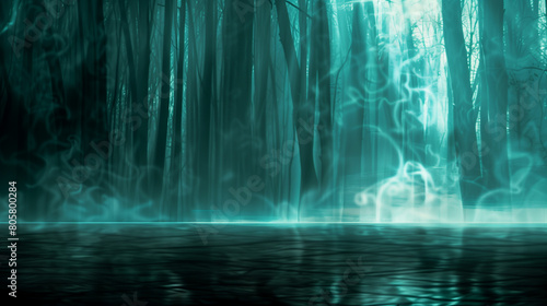 Mystical teal forest with ethereal mist and eerie ambiance. Empty copy space. Generative AI