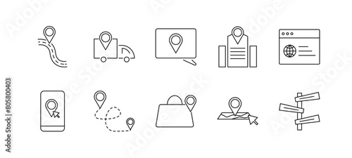 Black line Location icon set. Containing map, map pin, gps, destination, directions. Navigation, location, GPS elements - thin line web icon set.
