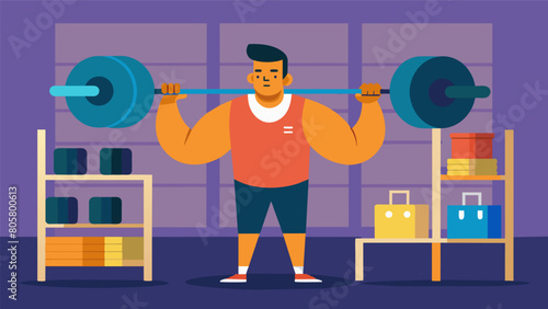 A weightlifter browsing the selection of secondhand barbells and plates at the specialized sports equipment store excited for their next workout. Vector illustration