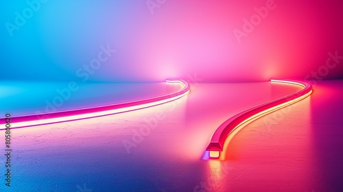 Sleek and minimalistic neon lights curve gracefully on a smooth surface, highlighted by a vibrant pink and blue gradient background.